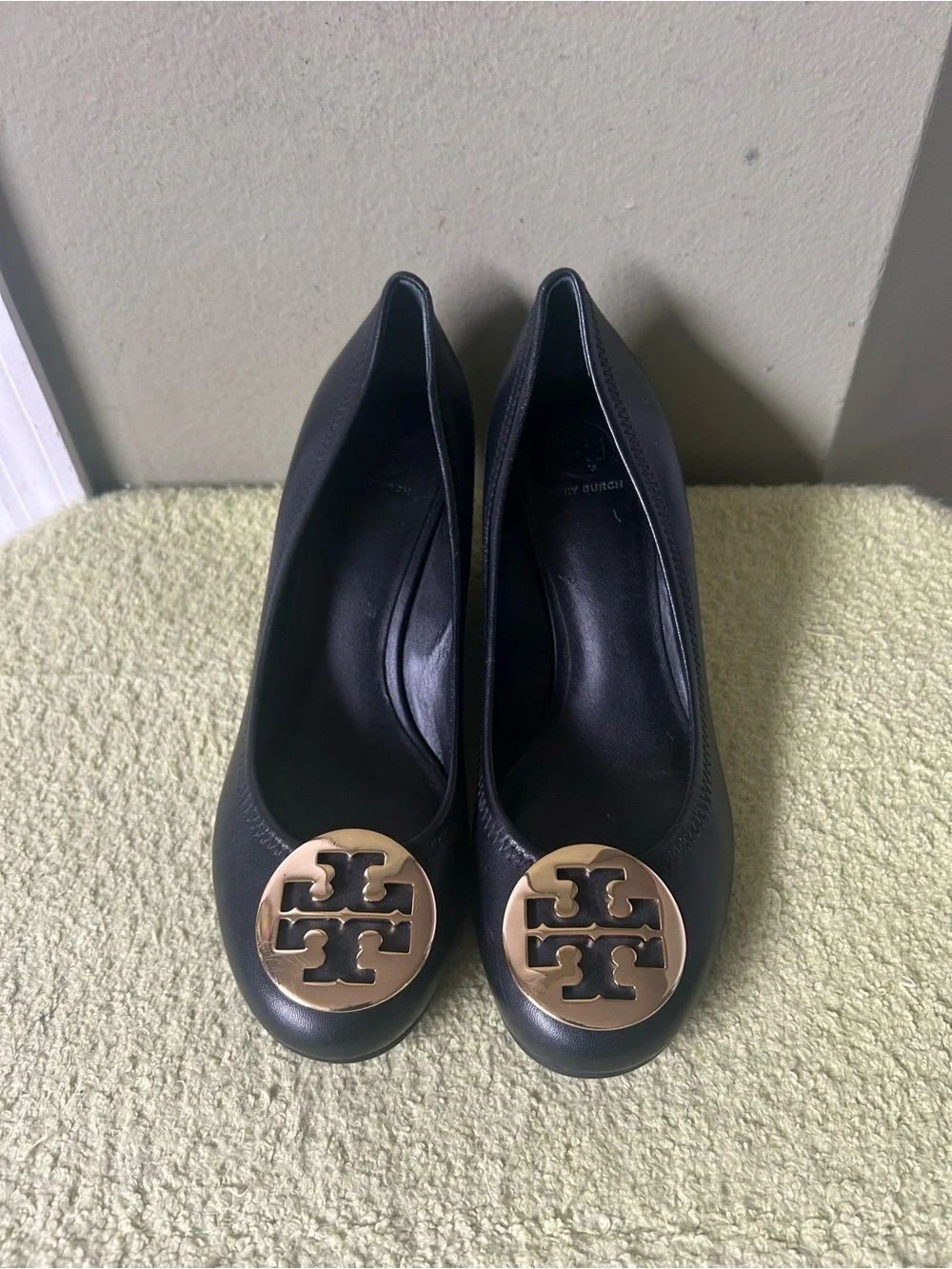 Tory Burch Black Leather Logo Round-Toe Wedge Heels with Gold Emblem